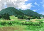  blue_sky clouds cloudy_sky commentary_request grass highres hirota_(masasiv3) mountain no_humans outdoors scenery sky tree 