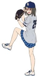  1girl :d adjusting_eyewear baseball_cap baseball_glove baseball_jersey blue_hat blue_skirt chunichi_dragons glasses grey_shirt hat idolmaster idolmaster_cinderella_girls kamijou_haruna left-handed nigou nippon_professional_baseball open_mouth over-rim_eyewear pink-framed_eyewear pitching plaid plaid_skirt pleated_skirt semi-rimless_eyewear shirt skirt smile solo white_footwear 