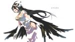  1girl afh5nsar albedo bare_shoulders black_hair black_wings breasts demon_girl demon_horns demon_wings dress gloves hair_between_eyes highres horns large_breasts long_hair looking_at_viewer open_mouth overlord_(maruyama) pantyhose simple_background solo white_dress white_gloves wings yellow_eyes 