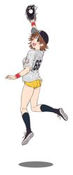  1girl ass baseball baseball_glove baseball_jersey black_footwear black_legwear brown_eyes brown_hair catching chiba_lotte_marines highres honda_mio idolmaster idolmaster_cinderella_girls left-handed looking_back nigou nippon_professional_baseball one_eye_closed pinstripe_pattern shoes short_hair short_shorts shorts sneakers solo striped wristband yellow_shorts 