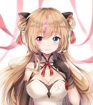  1girl animal_ears blush bracelet breasts brown_hair cat_ears china_dress chinese_clothes cleavage cleavage_cutout double_bun dress earrings eyebrows_visible_through_hair girls_frontline gloves heart heart_earrings heterochromia jewelry long_hair looking_at_viewer mk_23_(girls_frontline) multicolored_hair smile streaked_hair yasuna_(nanjiang) 