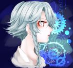  braid character_name closed_mouth expressionless face from_side gears izayoi_sakuya portrait profile red_eyes side_braid signature silver_hair souta_(karasu_no_ouchi) touhou twin_braids 