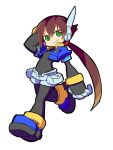  1girl aile bodystocking bodysuit breasts brown_hair gloves green_eyes highres long_hair looking_at_viewer robot_ears rockman rockman_zx rockman_zx_advent shigehiro_(hiroi_heya) skin_tight smile solo spandex 