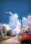  blue_sky bus clouds day fence grass ground_vehicle highres motor_vehicle no_humans original outdoors pole railing railroad_crossing railroad_tracks road scenery shade sign signature sky smile_(qd4nsvik) still_life street sunlight translation_request tree 