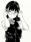  1girl :o adjusting_eyewear bangs black_hair bow bowtie breasts collared_shirt glasses greyscale hands_up highres hiwatari_rin long_hair looking_at_viewer medium_breasts monochrome original plaid plaid_bow plaid_neckwear shirt short_sleeves simple_background upper_body vest 