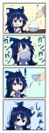  ! 1girl 4koma bare_arms blue_bow blue_hair bow bowl chopsticks closed_mouth comic debt eating empty_eyes flying_sweatdrops food gloom_(expression) hair_between_eyes hair_bow hands_up happy highres hood hood_down hoodie ja_komurashi long_hair o_o open_mouth rice rice_bowl short_sleeves smile solo_focus touhou unhappy yorigami_shion 