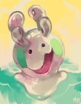  blush_stickers creature glitchedpuppet goomy looking_at_viewer no_humans open_mouth pokemon pokemon_(creature) pokemon_(game) pokemon_xy signature solo water yellow_background 