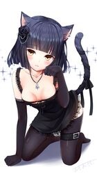  1girl animal_ears bangs bare_shoulders belt_buckle bikini_top black_belt black_bikini_top black_dress black_flower black_gloves black_hair black_legwear black_ribbon black_rose blunt_bangs blush breasts brown_eyes buckle cat_ears cat_girl cat_tail cleavage collarbone cross dress elbow_gloves erect_nipples flower front-tie_bikini front-tie_top full_body gloves hair_flower hair_ornament head_tilt heart highres jewelry kneeling leg_belt looking_at_viewer medium_breasts no_shoes omoomomo original parted_lips paw_pose pendant ribbon rose signature sleeveless sleeveless_dress solo sparkle tail tail_ribbon thigh-highs white_background 