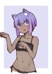  1girl animal_ears bangs bare_arms bare_shoulders black_bra black_panties blush border bra breasts cat_cutout cat_ear_panties cat_ears cat_lingerie cleavage cleavage_cutout collarbone eyebrows_visible_through_hair fate/prototype fate/prototype:_fragments_of_blue_and_silver fate_(series) frilled_bra frills hassan_of_serenity_(fate) i.u.y kemonomimi_mode meme_attire navel open_mouth panties paw_pose purple_background purple_hair semi-rimless_eyewear short_hair side-tie_panties small_breasts solo stomach sweatdrop under-rim_eyewear underwear upper_body violet_eyes wavy_mouth white_border 