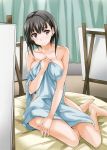  1girl absurdres barefoot bed_sheet black_hair blush breasts collarbone full_body highres indoors looking_at_viewer medium_breasts naked_sheet noba original red_eyes shiny shiny_skin sideboob sidelocks sitting smile solo sweatdrop 