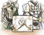  2boys armor bedivere blonde_hair fate/grand_order fate/stay_night fate_(series) head_out_of_frame hellshake_yano lancelot_(fate/grand_order) look-alike male_focus multiple_boys parody poptepipic simple_background sketchbook tristan_(fate/grand_order) white_background 
