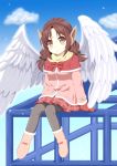  1girl angel_wings black_ribbon blue_sky boots bow brown_eyes brown_hair capelet clouds coat commentary_request earmuffs eyebrows_visible_through_hair eyes_visible_through_hair feathered_wings full_body grey_legwear hair_ribbon knees_together_feet_apart long_hair looking_at_viewer low_twintails mittens original pantyhose pink_coat plaid plaid_skirt pleated_skirt red_bow red_capelet red_mittens red_skirt ribbon scarf sitting skirt sky smile solo takahiko twintails white_wings wings yellow_scarf 