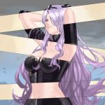  1girl armor armpits arms_behind_head breasts camilla_(fire_emblem_if) cleavage fire_emblem fire_emblem_if hair_over_one_eye headpiece korikorikori long_hair navel smile solo very_long_hair violet_eyes 