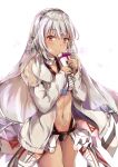  1girl altera_(fate) bangs blush bodypaint box closed_mouth coat commentary_request dark_skin eyebrows_visible_through_hair fate_(series) fingernails fur_trim gift gift_box highres holding konka long_sleeves looking_at_viewer nail_polish navel open_clothes open_coat red_eyes short_hair silver_hair simple_background smile solo standing valentine veil white_background 