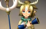  1girl animal_ears antlers artist_name blonde_hair blush commentary_request crescent crescent_earrings earrings eyebrows_visible_through_hair green_scarf hair_between_eyes holding jewelry kemono_friends multicolored multicolored_clothes multicolored_eyes nose_blush open_mouth partial_commentary polearm scarf short_hair simple_background sivatherium_(kemono_friends) solo spear upper_body weapon welt_(kinsei_koutenkyoku) 