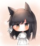  1girl :o animal_ears atago_(azur_lane) azur_lane bangs black_hair blush brown_eyes brown_hair chibi cottontailtokki eyebrows_visible_through_hair gloves hair_between_eyes hair_ribbon jacket looking_at_viewer military military_jacket military_uniform parted_lips ribbon solo uniform upper_body white_gloves white_jacket white_ribbon 