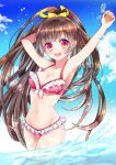  1girl :d arm_up bikini blue_sky blush bow breasts brown_hair droplets frilled_bikini frills groin long_hair looking_at_viewer medium_breasts moe2018 navel open_mouth original outdoors red_eyes sky smile standing swimsuit yellow_bow yuki_(siroikona) 