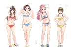  4girls _(onna_shunin_kishi_mieko) arm_behind_back barefoot bikini blue_bikini breasts brown_hair carina_(xiaowoo) cleavage earrings goggles goggles_on_head grin hands_on_hips highres ishikawa_purin_(carina) jewelry kishi_mieko long_hair looking_at_viewer multiple_girls navel pink_hair ponytail red_bikini saionji_makoto_(carina) sandals short_hair simple_background smile swimsuit translated white_background yellow_bikini 