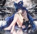  1girl barefoot black_skirt blue_eyes blue_hair clouds debt dx7537 eyebrows_visible_through_hair hand_on_own_knee hood hoodie long_hair looking_at_viewer messy_hair no_panties paper reflection sitting skirt solo torii touhou tree very_long_hair yorigami_shion 