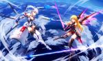  2girls bare_shoulders blonde_hair blue_eyes breasts cleavage closed_mouth clouds covered_navel elbow_gloves fingerless_gloves gloves hammer_and_sickle leotard long_hair looking_at_another luo_qingyu mecha_musume medium_breasts multiple_girls original red_eyes sword thigh-highs weapon white_hair 