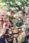  6+girls :d animal_ears apron arm_strap bandage black_dress black_gloves blonde_hair blue_eyes blue_hair bow brown_hair brown_shorts cake closed_eyes clover_print collarbone crown day dress drill_hair eating eyebrows_visible_through_hair fingerless_gloves flower food frilled_apron frills gloves gothic_lolita green_apron green_bow green_eyes green_hair green_hat green_ribbon hair_bow hair_flower hair_ornament hair_ribbon hairband hat highres holding jacket leaning_forward lolita_fashion lolita_hairband long_hair looking_at_viewer looking_back mini_crown mini_hat multiple_girls neck_ribbon open_mouth original outdoors pointy_ears rabbit_ears red_eyes red_flower red_hairband red_ribbon ribbon shirt short_hair short_sleeves shorts silver_hair sitting sleeveless sleeveless_shirt smile standing tongue tongue_out very_long_hair white_gloves white_jacket white_shirt white_wings wings yumeichigo_alice 