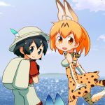  2girls :d animal_ears backpack bag black_gloves black_hair blue_eyes clouds commentary_request elbow_gloves extra_ears gloves hat hat_feather high-waist_skirt highres kaban_(kemono_friends) kemono_friends looking_at_viewer lucky_beast_(kemono_friends) multiple_girls ocean open_mouth orange_eyes orange_hair print_gloves print_legwear print_skirt red_shirt sat-c serval_(kemono_friends) serval_ears serval_print serval_tail shirt short_hair shorts skirt smile tail thigh-highs white_hat white_shorts 