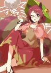  1girl ;3 ;d animal_ears bell brown_hair eyebrows_visible_through_hair futatsuiwa_mamizou glasses hair_ornament highres kiseru ksk_(semicha_keisuke) leaf leaf_hair_ornament leaf_on_head looking_at_viewer one_eye_closed open_mouth pince-nez pipe raccoon_ears raccoon_tail sandals shirt short_hair simple_background sitting skirt sleeveless sleeveless_shirt smile smoke solo tail tanuki touhou yellow_eyes 