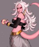  1girl :p absurdres android_21 artist_name bare_shoulders black_nails black_sclera bracelet breasts commentary detached_sleeves doughnut dragon_ball dragon_ball_fighterz earrings fang food food_on_face from_side grey_background highres hoop_earrings jewelry long_hair looking_at_viewer majin_android_21 matilda_vin monster_girl nail_polish pink_skin pointy_ears red_eyes simple_background solo strapless tail tongue tongue_out tubetop white_hair 