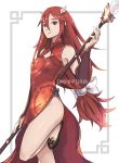  china_dress chinese_clothes dress elbow_gloves fire_emblem fire_emblem:_kakusei gloves highres holding holding_spear holding_weapon long_hair looking_at_viewer polearm red_eyes redhead smile spear cordelia_(fire_emblem) weapon 