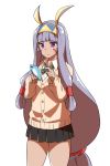  1girl alternate_costume artist_name bangs black_skirt blunt_bangs cardigan cellphone closed_mouth collared_shirt cowboy_shot egyptian eiri_(eirri) eyebrows_visible_through_hair facial_mark fate/grand_order fate_(series) hairband holding holding_cellphone holding_phone jackal_ears long_hair looking_away low-tied_long_hair nitocris_(fate/grand_order) phone pleated_skirt purple_hair school_uniform shirt signature simple_background skirt solo sweat v-shaped_eyebrows very_long_hair violet_eyes white_background white_shirt 