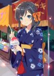  1girl bag black_hair blue_eyes bow floral_print hair_bow japanese_clothes kimono looking_at_viewer moe2018 orange_bow original shaved_ice smile solo spoon stall standing wide_sleeves yuikosoba yukata 