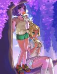  2girls ankea_(a-ramo-do) black_hair blonde_hair eating green_eyes green_shorts highres in_tree lillie_(pokemon) long_hair malasada mizuki_(pokemon_sm) multiple_girls open_mouth pokemon pokemon_(game) pokemon_sm ponytail shirt short_hair short_sleeves shorts sitting sitting_in_tree skirt tied_shirt tree white_shirt white_skirt 