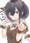  1girl ahoge animal_ears bangs black_hair blue_eyes blush bow breasts brown_shirt buttons cleavage commentary_request cuffs ears_visible_through_hair eyebrows_visible_through_hair fingernails hair_between_eyes hands_up highres looking_at_viewer open_mouth original ribbon shirt short_hair short_sleeves solo suzunari_shizuku tail white_background yuki_arare 