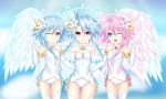  3girls ;) ;d absurdres armpits bare_shoulders blue_eyes blue_hair clouds cloudy_sky cosplay cowboy_shot day elbow_gloves feathered_wings flower four_goddesses_online:_cyber_dimension_neptune gloves hair_between_eyes hair_flower hair_ornament halo hand_on_another&#039;s_shoulder hand_up hands_on_another&#039;s_waist highres jewelry leotard multiple_girls neptune_(series) one_eye_closed open_mouth pink_eyes pink_hair power_symbol red_eyes rhapsofree short_hair short_hair_with_long_locks siblings side_ponytail sisters sky smile symbol-shaped_pupils thigh-highs twins v white_gloves white_heart white_heart_(cosplay) white_legwear white_leotard white_sister_ram white_sister_rom white_wings wings 