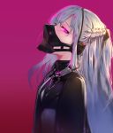  1girl aak ak-12_(girls_frontline) braid colored_eyelashes face_mask french_braid from_side girls_frontline grey_hair hair_ribbon half-closed_eye headphones heart heart-shaped_pupils highres long_hair looking_to_the_side mask one_side_up pink_background pink_eyes profile ribbon solo symbol-shaped_pupils tsurime upper_body very_long_hair 