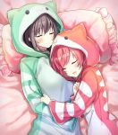 2girls blush brown_hair character_request chunithm closed_eyes closed_mouth cona_kinaco frilled_pillow frills highres hooded_pajamas long_sleeves lying multiple_girls on_back on_side open_mouth pillow pink_pillow redhead sleeping 