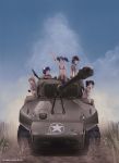  5girls bikini_top black_hair blonde_hair blue_hair clouds dead-robot grass ground_vehicle long_hair m4_sherman military military_vehicle motor_vehicle multiple_girls original ponytail short_hair sky tank twintails 