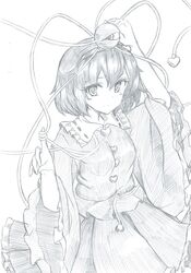  1girl :| arm_up bangs blouse buttons closed_mouth collar cowboy_shot eyebrows_visible_through_hair frilled_shirt_collar frilled_skirt frilled_sleeves frills from_above graphite_(medium) greyscale hair_between_eyes hairband heart highres komeiji_satori long_skirt long_sleeves looking_at_viewer mahiro_(akino-suisen) monochrome on_head short_hair skirt skirt_set solo third_eye touhou traditional_media wide_sleeves 