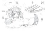  1girl airplane_wing antinomy_of_common_flowers bangs bow christmas christmas_tree closed_mouth doreking doremy_sweet eyebrows_visible_through_hair graphite_(medium) greyscale hand_on_own_arm hat highres horns looking_at_viewer mahiro_(akino-suisen) monochrome one_eye_closed pom_pom_(clothes) ribbon santa_hat sheep short_sleeves solo star tail touhou traditional_media wings 