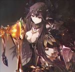  1girl bare_shoulders black_dress black_hair breasts bridal_gauntlets cleavage detached_sleeves dress fate/apocrypha fate_(series) fur_trim grail hair_ornament jewelry large_breasts long_dress long_hair necklace pointy_ears pouring semiramis_(fate) solo spikes tsuedzu very_long_hair yellow_eyes 