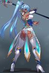  1girl absurdres arched_back armor ass bare_shoulders blue_background blue_eyes blue_hair breasts closed_mouth commentary dark_skin detached_sleeves erect_nipples from_behind full_body glowing headgear high_heels highres large_breasts long_hair looking_at_viewer looking_back negresco polearm ponytail shiny shiny_hair shiny_skin simple_background solo spear standing thigh-highs tokiha_(xenoblade) weapon white_legwear xenoblade xenoblade_2 