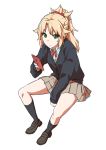  1girl alternate_costume artist_name bangs between_legs black_cardigan black_legwear blonde_hair braid brown_footwear brown_skirt cellphone collared_shirt eiri_(eirri) eyebrows_visible_through_hair fate/apocrypha fate_(series) full_body green_eyes hair_flaps hand_between_legs holding holding_cellphone holding_phone kneehighs loafers long_hair long_sleeves looking_at_viewer mordred_(fate) mordred_(fate)_(all) phone pleated_skirt ponytail school_uniform shirt shoes sidelocks signature simple_background sitting skirt solo white_background white_shirt 