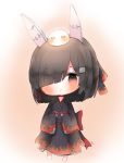  1girl :&gt; animal_ears azur_lane barefoot black_hair black_kimono black_ribbon blush brown_eyes chibi closed_mouth cottontailtokki fake_animal_ears flame_print full_body hair_ornament hair_over_one_eye hair_ribbon hairclip head_tilt japanese_clothes kimono long_sleeves looking_at_viewer on_head print_kimono print_ribbon rabbit_ears ribbon shiranui_(azur_lane) sleeves_past_wrists solo standing wide_sleeves 