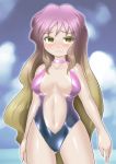  1girl alternate_costume bare_arms bare_shoulders blonde_hair blush breasts casual_one-piece_swimsuit center_opening choker closed_mouth collarbone cowboy_shot eyebrows_visible_through_hair eyelashes frown gluteal_fold gradient_clothes gradient_hair hijiri_byakuren large_breasts long_hair multicolored_hair navel one-piece_swimsuit pink_choker purple_hair raised_eyebrows shiny sidelocks solo standing stomach swimsuit touhou very_long_hair wavy_hair winn yellow_eyes 