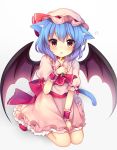  1girl animal_ears ascot bat_wings bell bell_collar between_legs blue_hair blush brooch cat_day cat_ears cat_tail collar commentary_request dress dress_tug eyebrows_visible_through_hair frilled_dress frilled_shirt_collar frills hand_between_legs hand_on_own_chest hat hat_ribbon highres jewelry kemonomimi_mode looking_at_viewer mob_cap parted_lips paw_pose pink_dress puffy_short_sleeves puffy_sleeves red_eyes red_footwear red_neckwear red_ribbon red_sash remilia_scarlet ribbon ruhika seiza shoes short_hair short_sleeves simple_background sitting solo tail touhou wariza white_background wings wrist_cuffs 