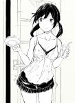  1girl bangs blush cake camisole closed_mouth collarbone cup door drinking_straw food greyscale highres hiwatari_rin holding holding_cup holding_food indoors looking_to_the_side monochrome original shorts sidelocks smile solo twintails 