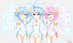  3girls ;) ;d absurdres armpits bare_shoulders blue_eyes blue_hair cosplay cowboy_shot elbow_gloves feathered_wings flower four_goddesses_online:_cyber_dimension_neptune gloves hair_between_eyes hair_flower hair_ornament halo hand_on_another&#039;s_shoulder hand_up hands_on_another&#039;s_waist highres jewelry leotard multiple_girls neptune_(series) one_eye_closed open_mouth pink_eyes pink_hair power_symbol red_eyes rhapsofree short_hair short_hair_with_long_locks siblings side_ponytail simple_background sisters smile symbol-shaped_pupils thigh-highs twins v white_background white_gloves white_heart white_heart_(cosplay) white_legwear white_leotard white_sister_ram white_sister_rom white_wings wings 