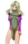  1girl bare_shoulders breasts cecil_(wing_r) collar covered_navel dress green_dress green_eyes green_hair half_updo highres jacket lamia_loveless large_breasts long_hair pelvic_curtain solo super_robot_wars super_robot_wars_original_generation tattoo 