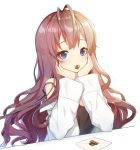  1girl :3 antenna_hair blue_eyes blush brown_hair closed_mouth cookie eyes food gradient_hair hands_on_own_cheeks hands_on_own_face ichinose_shiki idolmaster idolmaster_cinderella_girls labcoat long_hair long_sleeves mouth_hold multicolored_hair off_shoulder open_clothes purple_hair shiny shiny_hair simple_background smile solo strap_slip table tank_top tp_(kido_94) upper_body very_long_hair wavy_hair white_background 