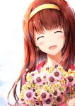  1girl ^_^ ^o^ absurdres blush brown_hair closed_eyes commentary_request earrings flower hairband highres idolmaster idolmaster_million_live! idolmaster_million_live!_theater_days jewelry long_hair looking_at_viewer open_mouth ro_risu smile solo tanaka_kotoha 
